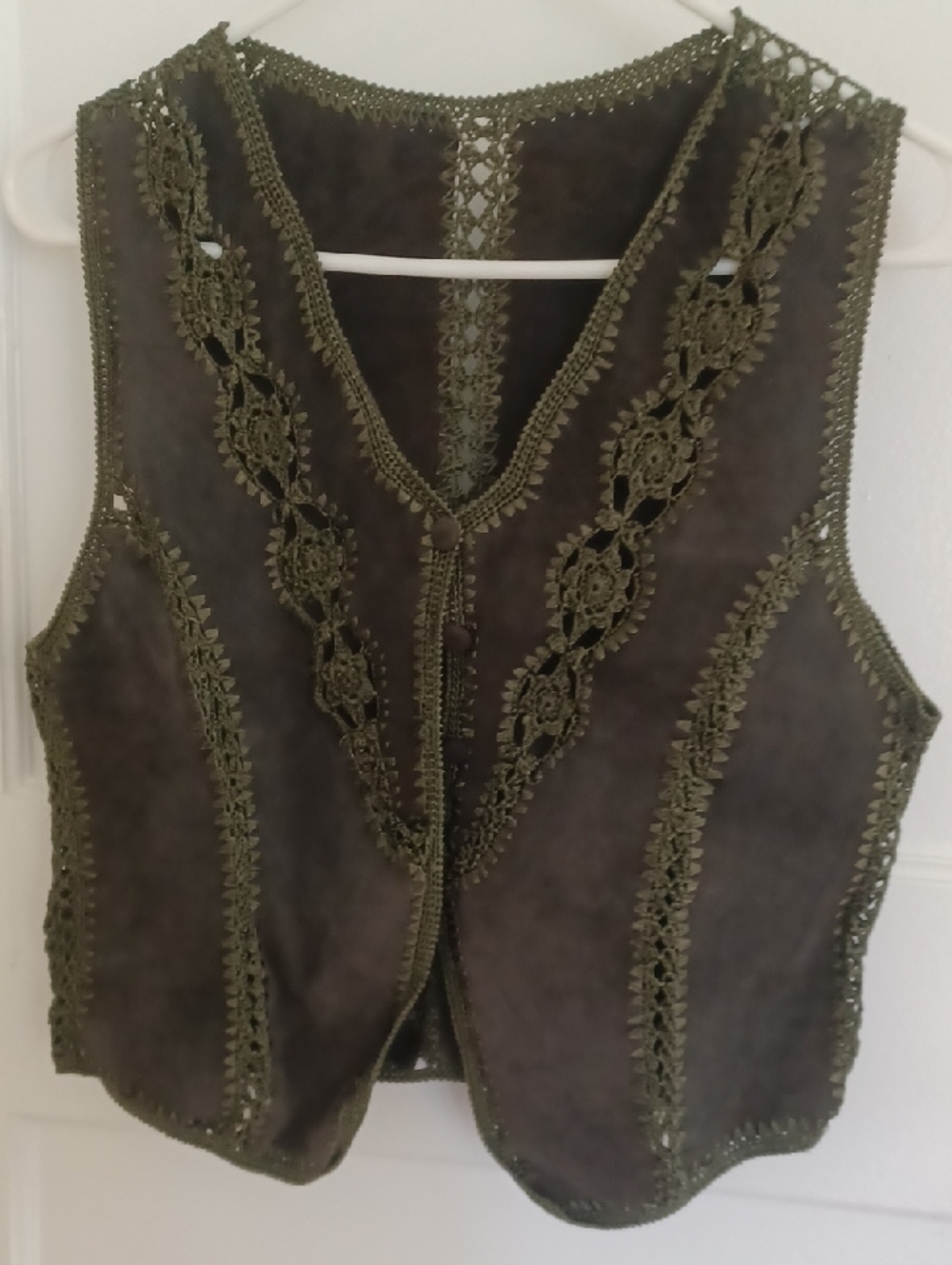 Olive Crochet Trim Suede Vest - Women